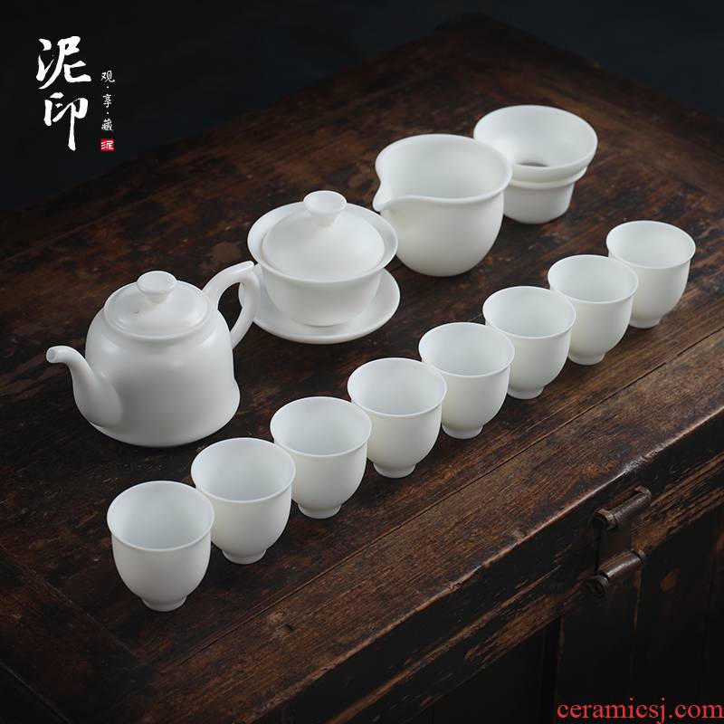 Mud seal dehua white porcelain tea sets suet jade porcelain kung fu tea set household Chinese white ceramic teapot gift boxes
