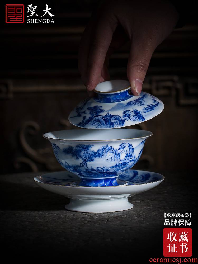 The large ceramic three tureen teacups hand - made jingdezhen blue and white landscape best tea tureen, all hand tea sets