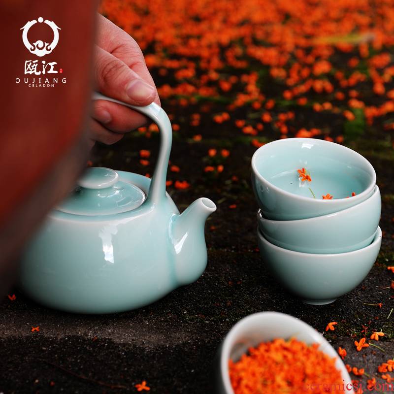 Oujiang longquan celadon tea sets suit household gifts ceramic girder pot of tea cups kung fu tea set