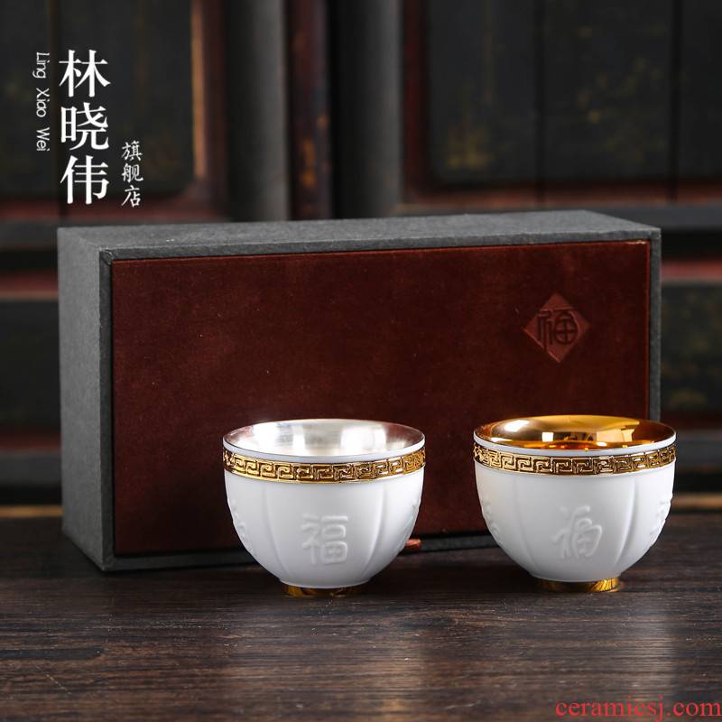 Dehua suet jade porcelain fine gold light on cup suit silver cups master cup personal tea bowl kung fu tea set
