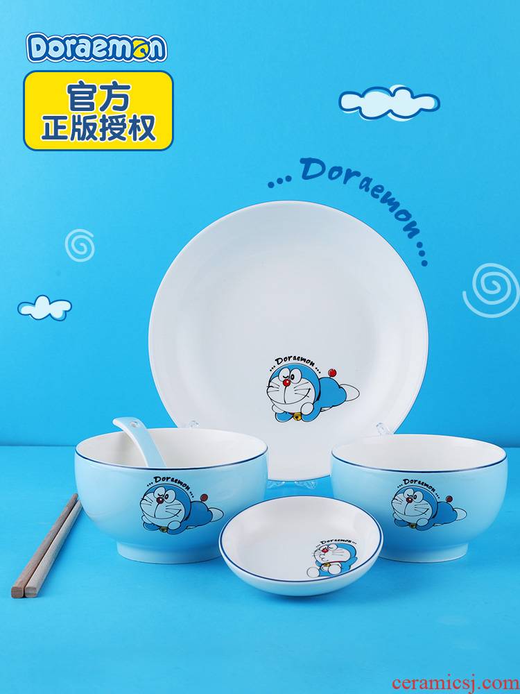 Doraemon ceramic tableware feed one person household cartoon Doraemon rice bowl chopsticks dish suits for the the original official authorization