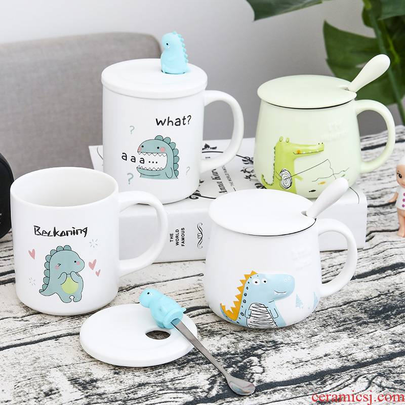 Han edition express cartoon dinosaur crocodile, anaglyph ceramic mugs girl children spoon breakfast milk cup with cover
