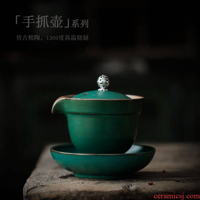 ShangYan ceramic kung fu tea set household Japanese antique teapot hand grasp coarse pottery pot of tea bowl three tureen tea cups
