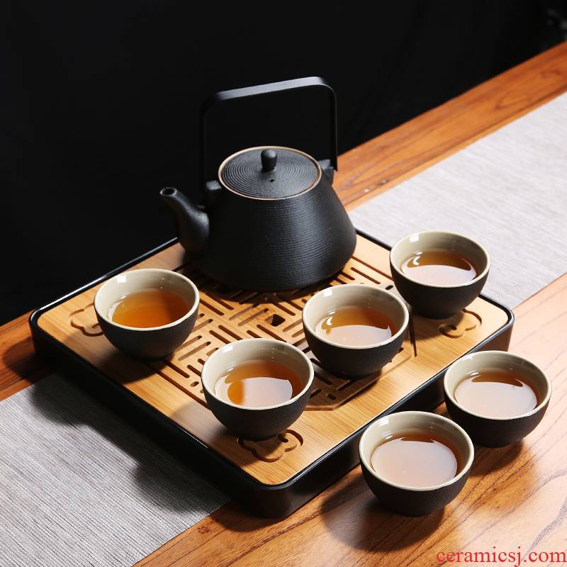 Japanese a pot of 4 cups of coarse pottery girder pot dry mercifully kung fu tea set suit, black pottery teapot teacup tea tray