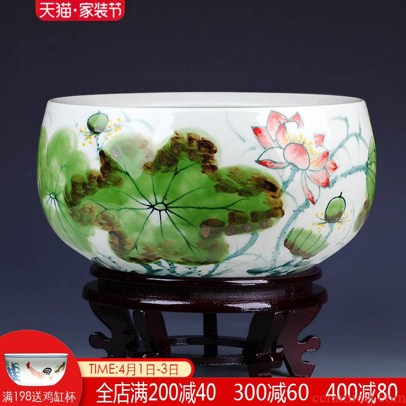 Jingdezhen ceramics famous masterpieces of pure hand - made lotus sitting room aquarium tortoise cylinder shallow daikin furnishing articles