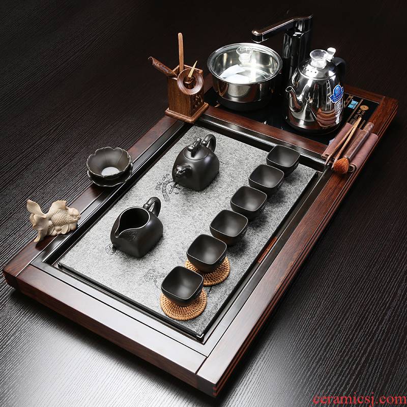 Fully automatic four unity tea set of household solid wood, stone tea tray was kung fu of a complete set of violet arenaceous ceramic cups of tea