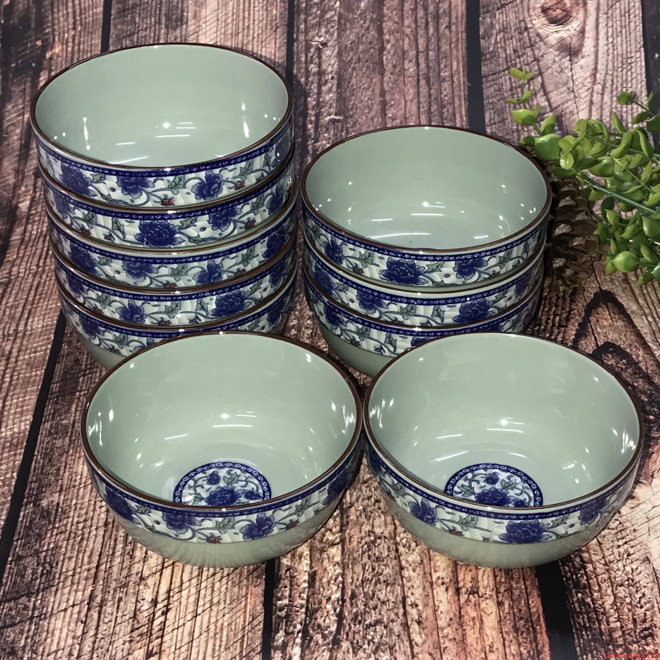 Eat rice bowl of blue and white porcelain household ceramic bowl of soup bowl edge thickening Chinese wind restoring ancient ways tableware 10 m jobs
