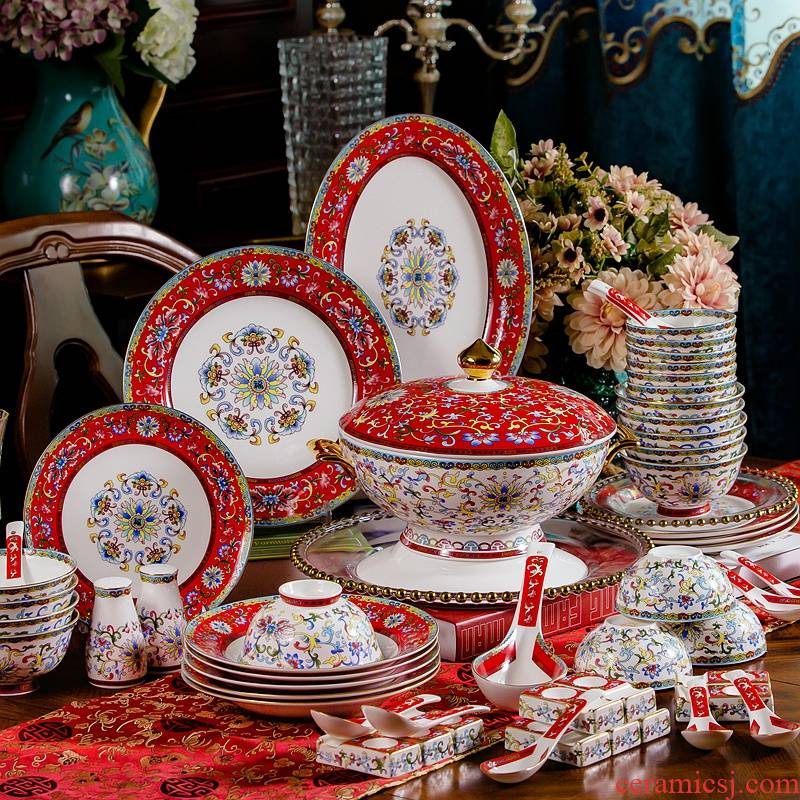 Tangshan colored enamel tableware suit dishes ceramic Chinese style household contracted porcelain dishes combine wedding gifts