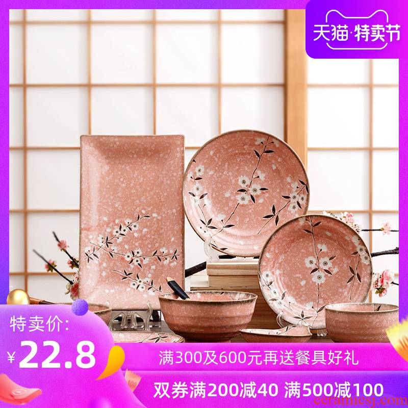 Japan imports the thick plate small ceramic bowl dish dish dish dish household pink sakura Japanese and tableware