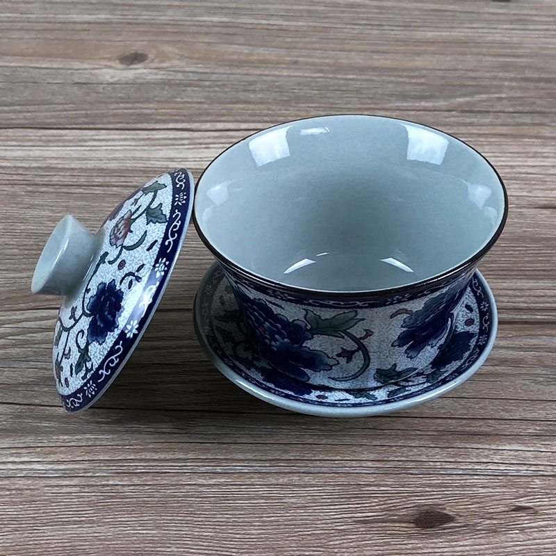 Blue and white peony tureen tea cups porcelain bowl kung fu tea set to ceramic three bowl of a large bowl of handless small restore ancient ways
