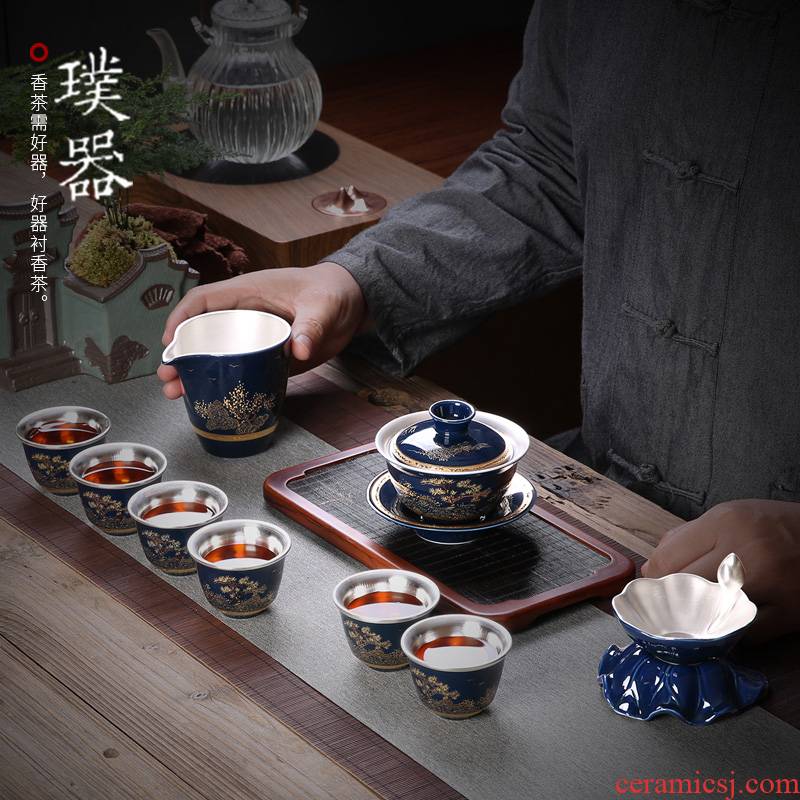 A complete set of kung fu tea set mine loader 999 silver household porcelain enamel color restoring ancient ways tureen tea cups, gift giving