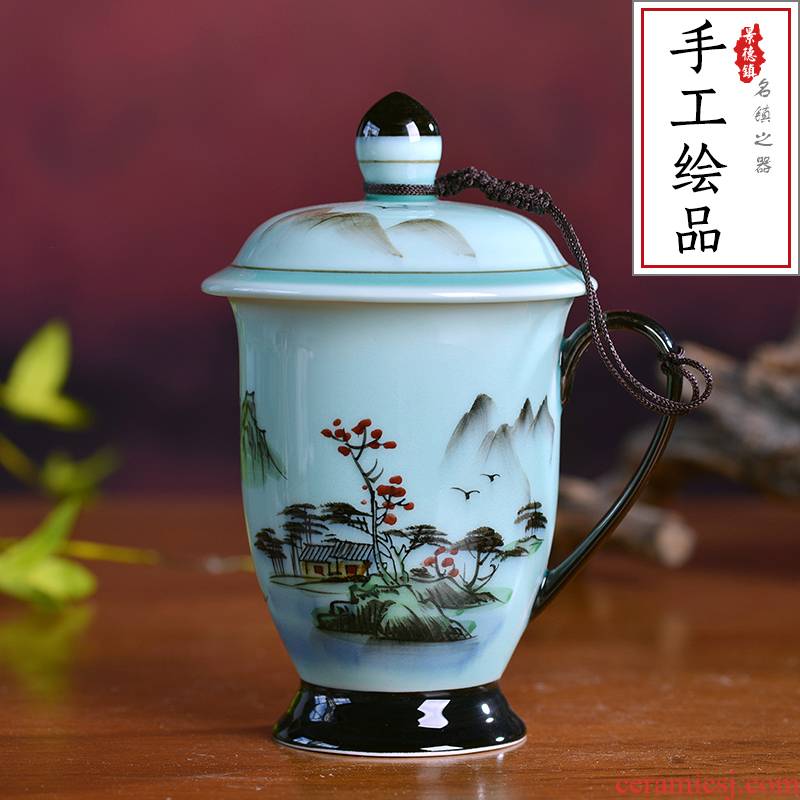 Jingdezhen ceramic household cups with cover under the glaze hand - made office meeting water in a glass gifts personal tea cup