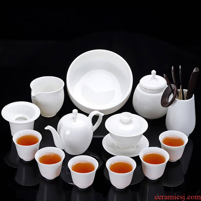 A friend is A complete set of suet jade porcelain kung fu tea set household dehua white porcelain tea set the teapot teacup GaiWanCha sea