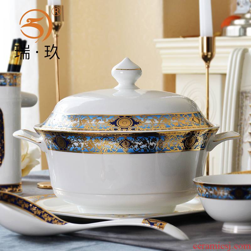 Elegant embossed gold big bare-bones porcelain soup pot with the cover of the big bowl of soup pot soup villa tableware between example basin tureen