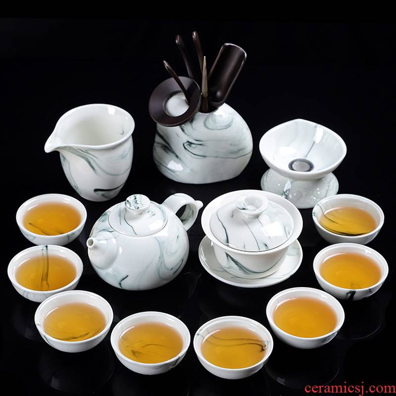 A complete set of ceramic kung fu tea set suits for Chinese style household hand - made teapot teacup tureen tea caddy fixings ink wind