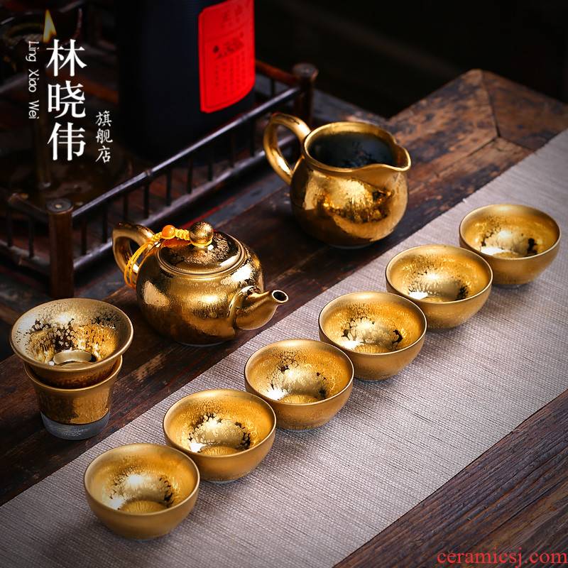 Gold iron tire building light tea suit household kung fu tea oil droplets temmoku teapot teacup set of ceramic
