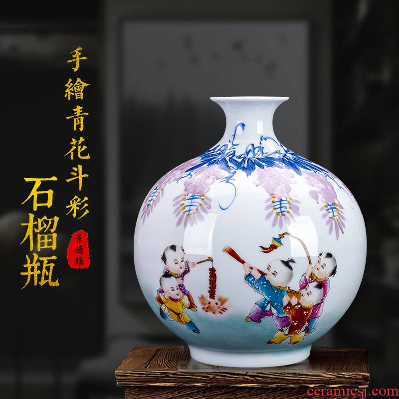 Jingdezhen ceramics bucket color of blue and white porcelain vase flower arranging pomegranate bottle of new Chinese style living room porch rich ancient frame furnishing articles
