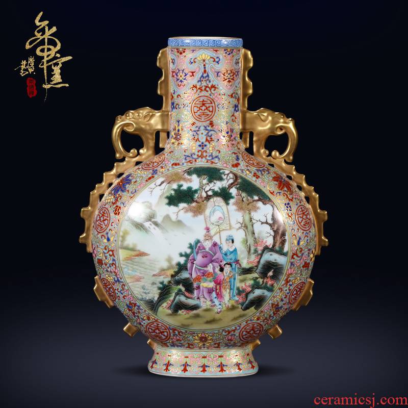The Qing qianlong emperor up to pastel yellow gold medallion figure 's story ji elephant ears flat bottles of jingdezhen porcelain vase