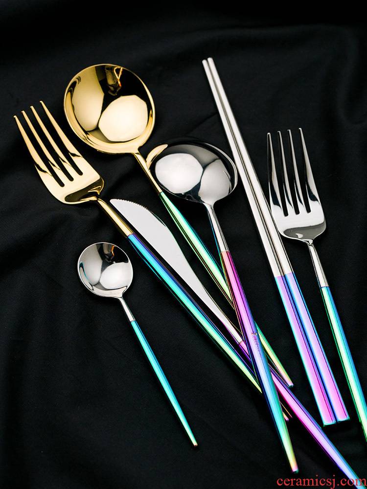 Porcelain color beautiful European Mosaic gold knife and fork spoon suit household stainless steel western tableware steak knife and fork spoon, chopsticks