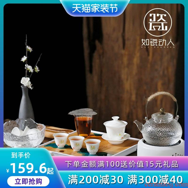 Japanese kung fu tea set suit household contracted dehua white porcelain tureen zen electric TaoLu small cups tea tray suits for