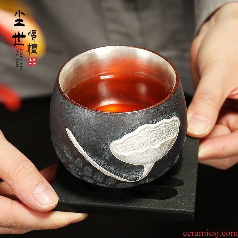 Coarse pottery cup Japanese coppering. As kung fu tea cup silver cup gift gift boxes single CPU creative master pu sample tea cup
