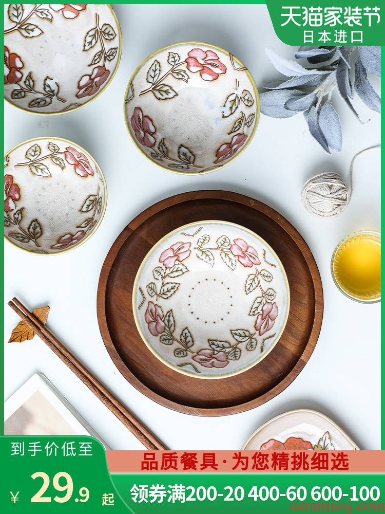 Japan 's imports of ceramic tableware red red flower bowl under the glaze color porringer rainbow such use a Japanese home