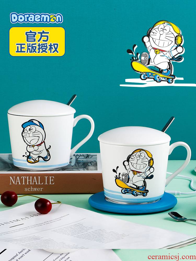 Doraemon, lovely constant temperature heating ceramic coffee cup creative move trend mark cup with cover teaspoons of tea cups