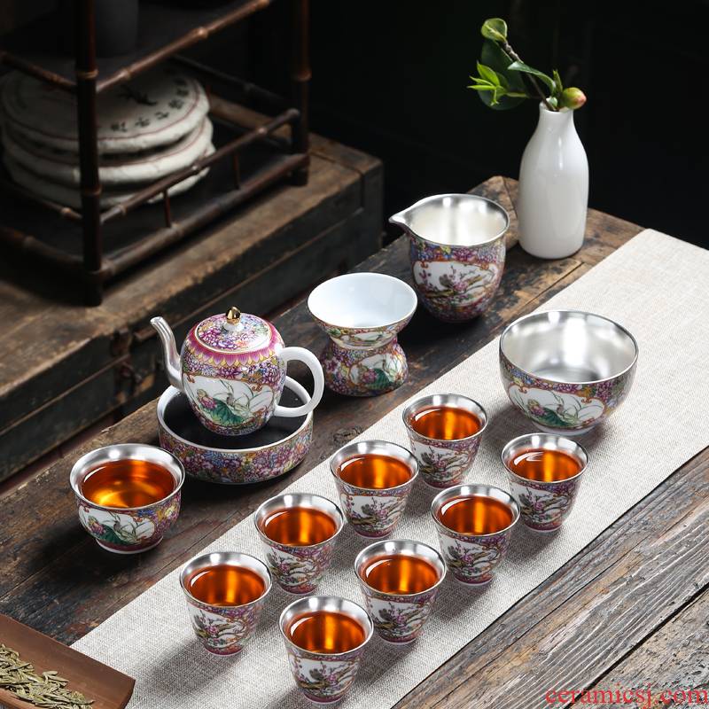 Jingdezhen silver colored enamel kung fu tea set suit mine loader built a complete set of ceramic tea tureen silver cup gift box