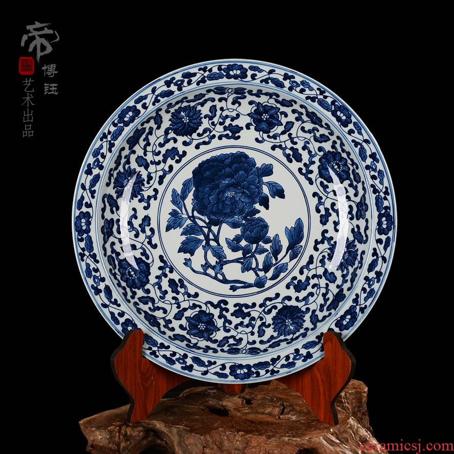Jingdezhen blue and white peony ceramic decoration plate sit plate hang dish antique hand - made porcelain Chinese style porch study furnishing articles