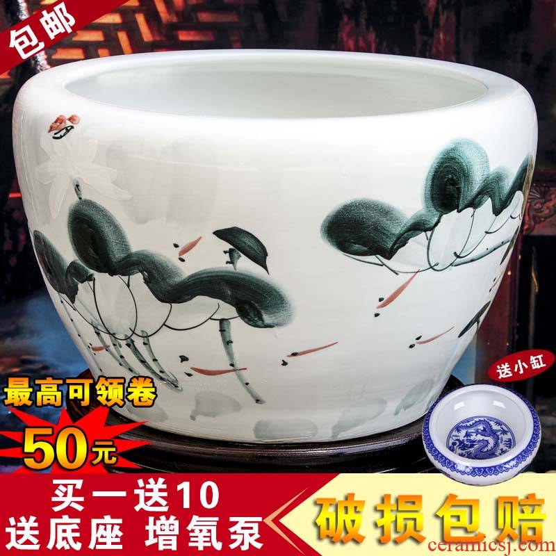 Package mail jingdezhen ceramic aquarium turtle cylinder goldfish bowl lotus flower pot lotus large painting and calligraphy tank