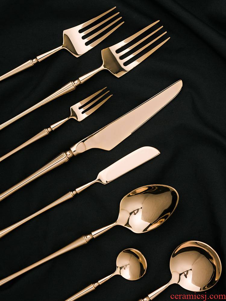 Porcelain color beautiful European gold plated stainless steel western tableware household steak knife fork spoon, dessert spoon ladle suits for