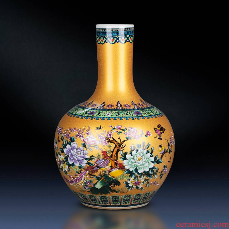 Jingdezhen ceramics golden pheasant colored enamel vase landing place flower arrangement sitting room European - style decorative household items