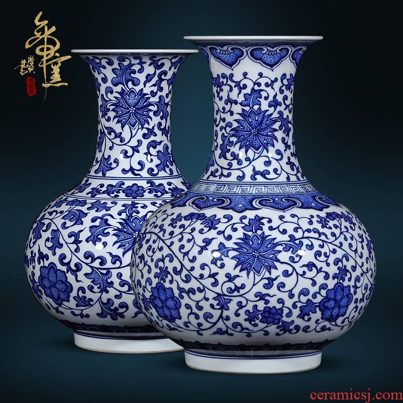 Jingdezhen ceramics imitation the qing qianlong blue tie up the lotus flower, the design of Chinese style living room TV cabinet porch is decorated furnishing articles