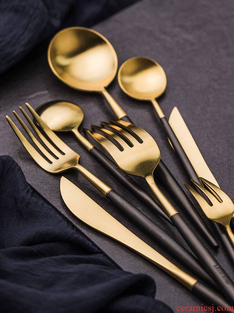 Porcelain color beautiful European stainless steel knife and fork spoon, western - style food tableware suit black handle steak knife fork dessert spoon coffee spoon