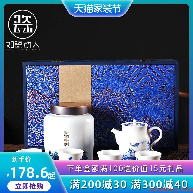 Dehua white porcelain tea set household enamel color restoring ancient ways a pot of four cups of gift of a complete set of blue and white porcelain teapot teacup