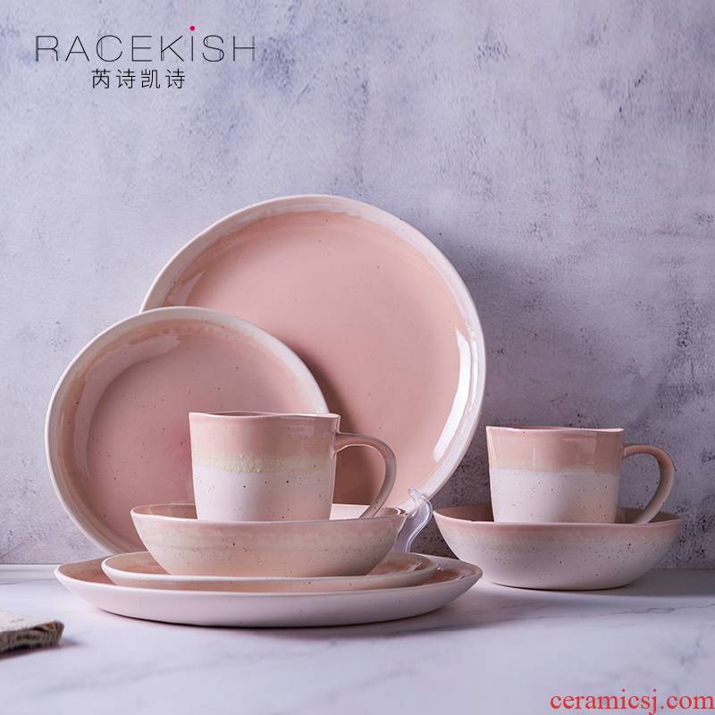 Ceramic tableware dishes suit household contracted Japanese rice bowl chopsticks rainbow such as bowl dish dish creative dishes pink combination