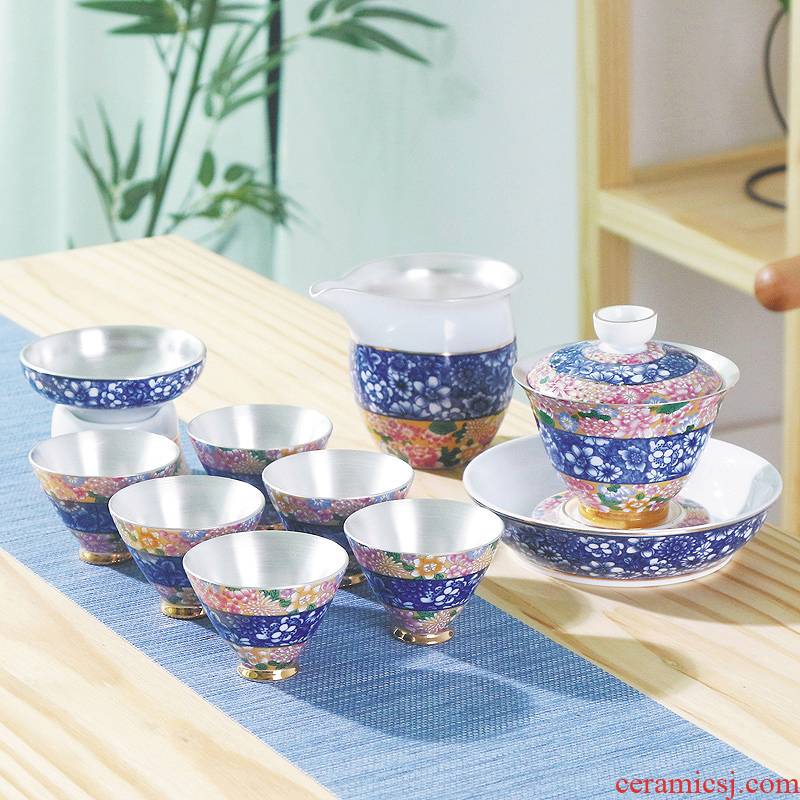 The whole household contracted ceramic colored enamel tasted silver gilding kung fu tea set office gift set with silver tureen tea cup