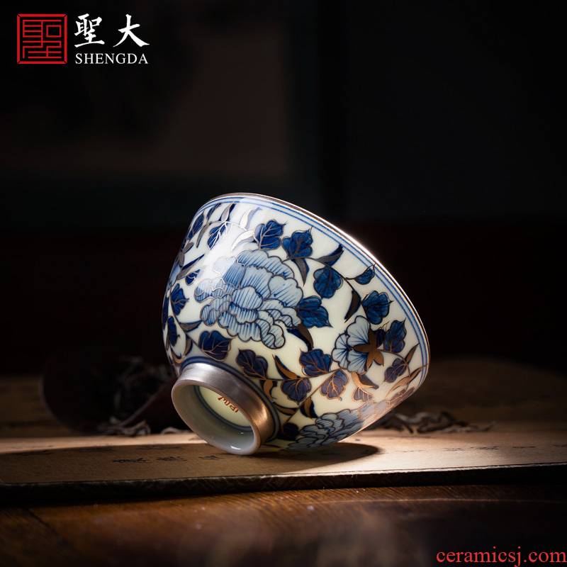 Blue and white trace silver Santa teacups hand - made ceramic kungfu peony lines master cup sample tea cup jingdezhen tea service