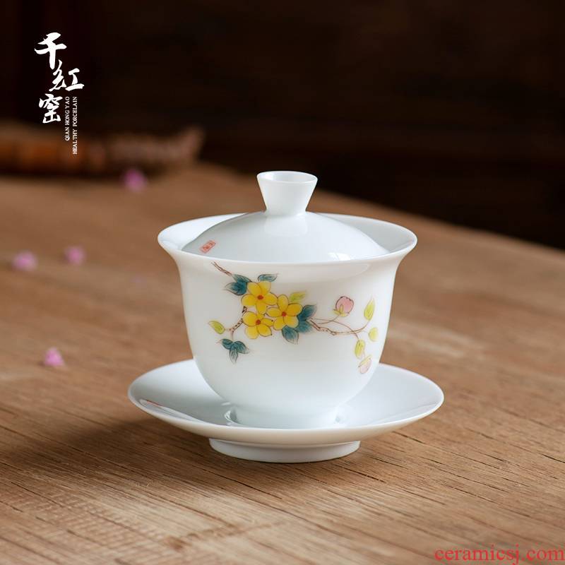 White porcelain tureen tea cup single cup large thin foetus hand - made under glaze color three cup tea bowl not hot kung fu tea set