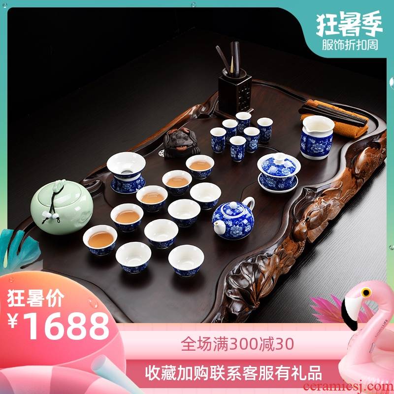 All the popular solid wood tea tray tea sets suit kung fu tea set ceramic 6 people lazy household electric magnetic furnace