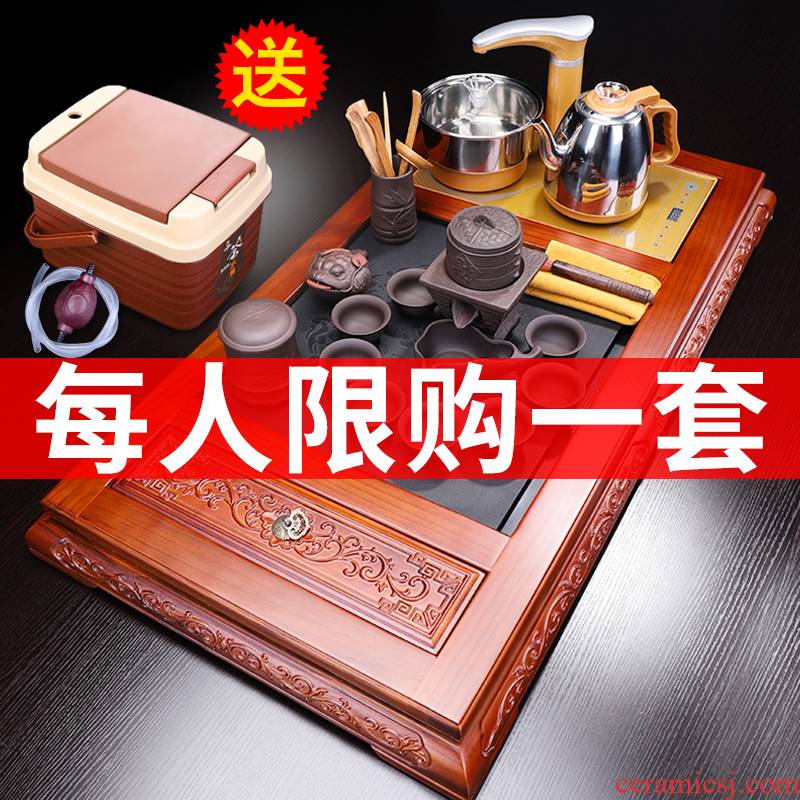 Solid wood tea tray tea set purple sand cup of a complete set of automatic boiling water pot home office make tea