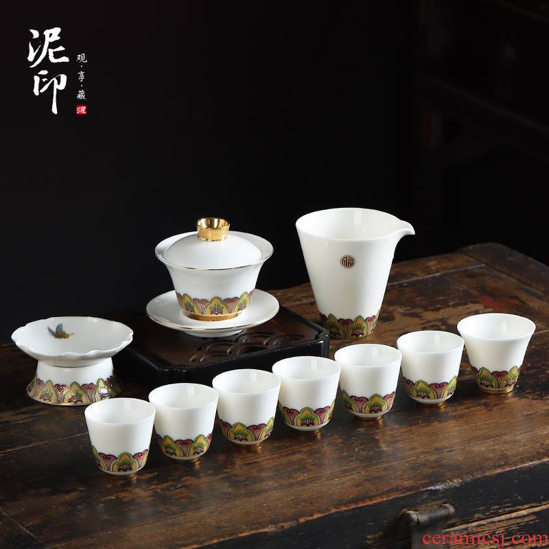 Dehua white porcelain clay seal kung fu tea set suit household contracted a visitor suet jade porcelain office tea gift boxes