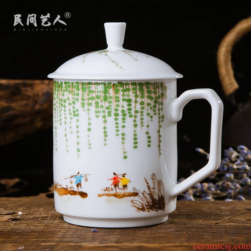 Jingdezhen ceramic hand - made color office cup with cover glass with cover and large tea cup