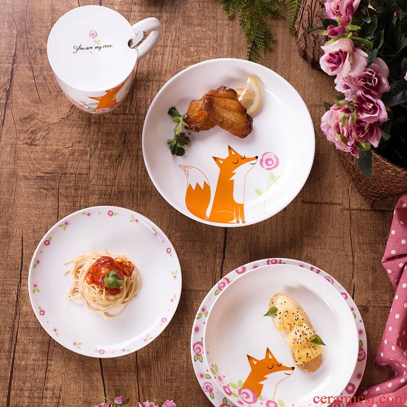 Fox and rose ceramic tableware single noodles in soup dishes household Japanese creative move plate one