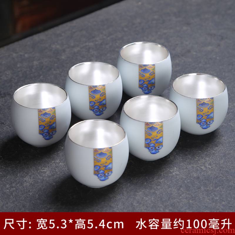 Jingdezhen colored enamel coppering. As single cup 999 sterling silver cup silver cup white porcelain cups kung fu tea accessories household
