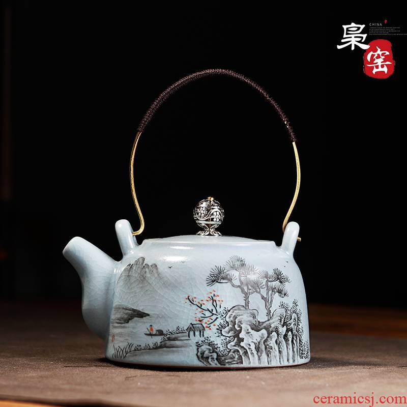 Jingdezhen ceramic your up with azure cracked pot home teapot hand - made color ink girder pot of tea by hand