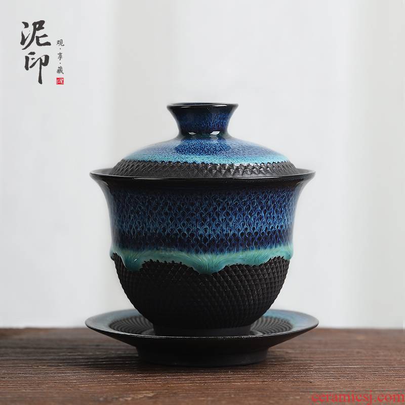 Mud tureen ceramic cups printing large single manual only three variable kung fu tea set hand catch tea tea bowl