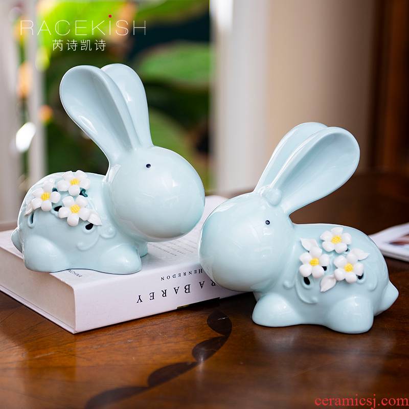 European ceramic rabbit furnishing articles wine TV ark, creative birthday gift wedding gift, lovely adornment small place