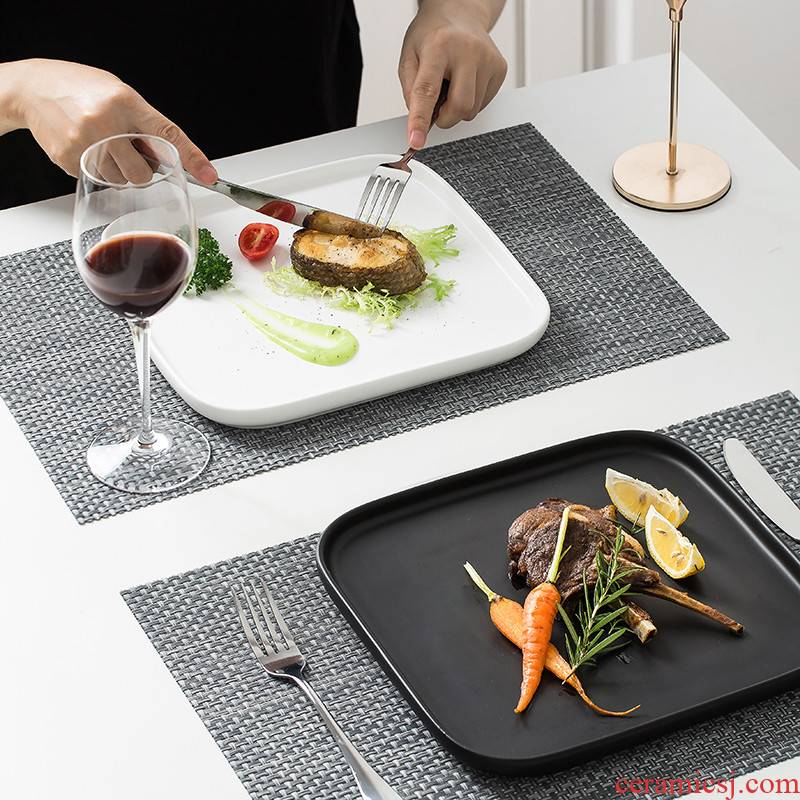 Steak knife and fork dish suits for domestic northern wind web celebrity Steak plate ceramic creative western food dish square pasta dish