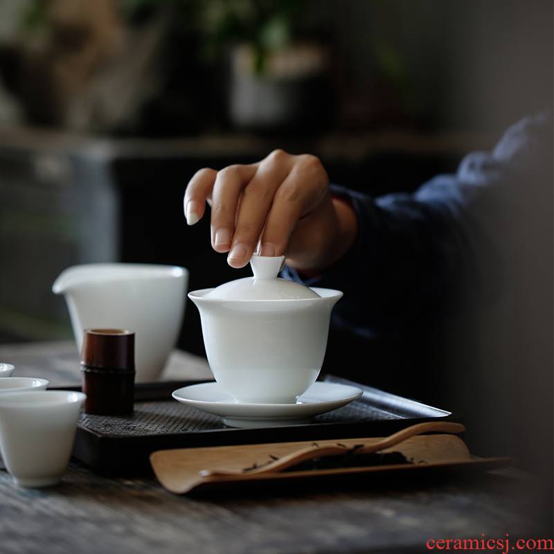 ShangYan dehua white porcelain tureen large three cups to tureen tea cup, informs jade porcelain kunfu tea tea bowl